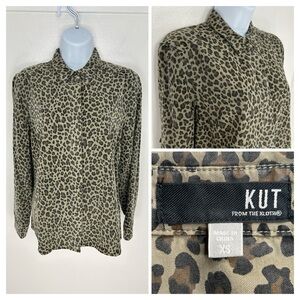 Kut From the Kloth Green Leopard Print Shirt Size‎ XS Button Front Long Sleeve